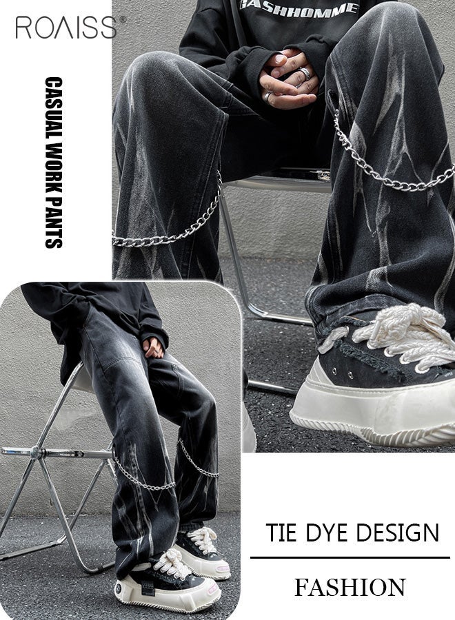 رويس بنطلون جينز رجالي بساق مستقيمة وجيوب، بنطلون جينز مصبوغ برباط مع زخرفة سلسلة، بنطلون مريح ومناسب للبشرة للرجال، مناسب للارتداء اليومي أو أي أنشطة خارجية - Image 2